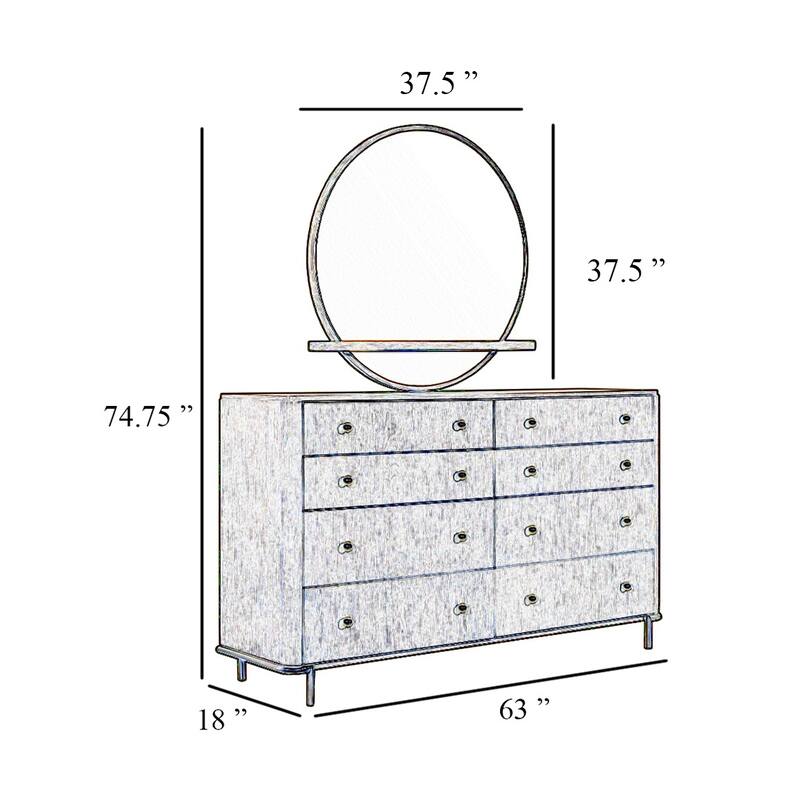 Fij Wide Dresser with Mirror, 8 Drawers, Black Wood Frame, Brass Knobs