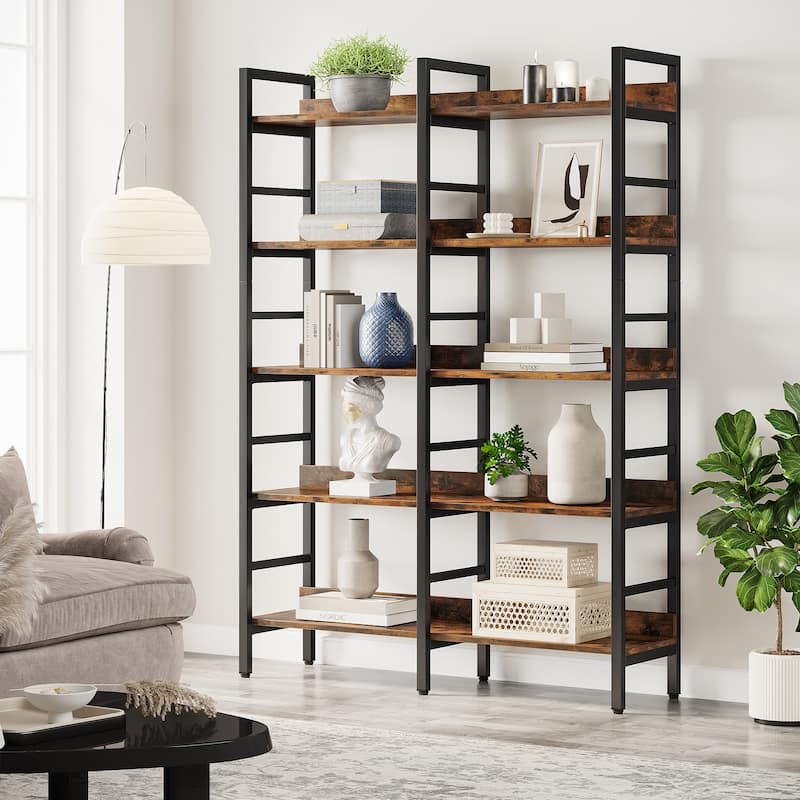 5-Tier Industrial Bookshelf, 71"H x 47"W Etagere Bookcase Free Standing Wide Book Shelf, Rustic Brown - Brown