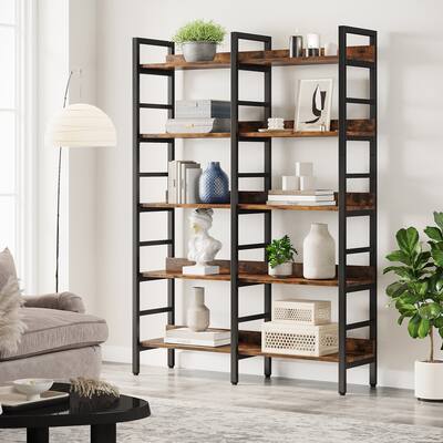 5-Tier Industrial Bookshelf, 71"H x 47"W Etagere Bookcase Free Standing Wide Book Shelf, Rustic Brown