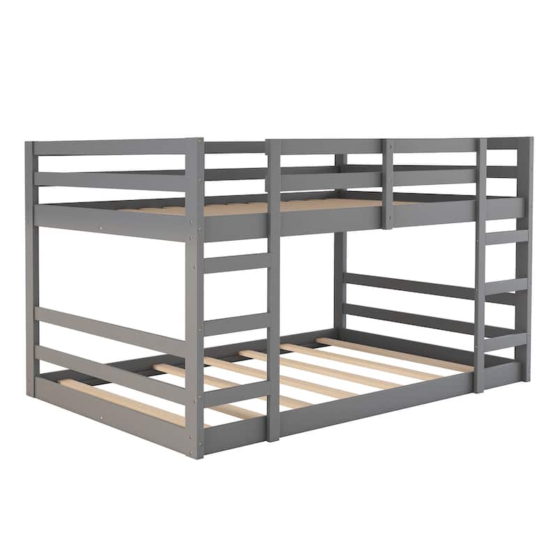 Twin/Full Size Wooden Floor Bunk Bed, Solid Pinewood Bunk Bed Frame with Double Ladders and Full Length Guardrail