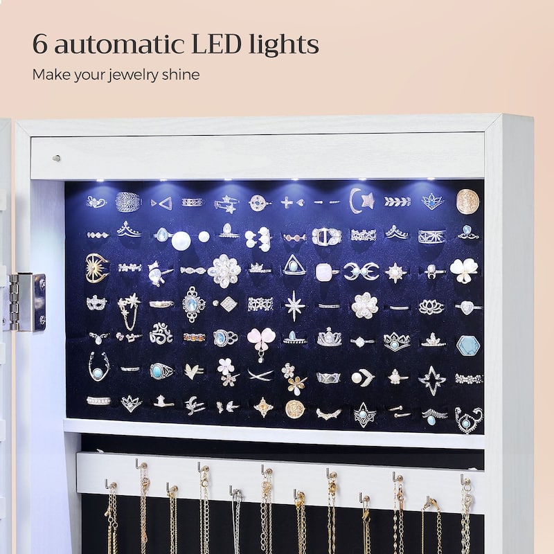 6 LED Lights Wall Mounted Lockable Jewelry Cabinet with Full Length Mirror and 2 Drawers - 47.3"H x 14.5"W x 3.9"D