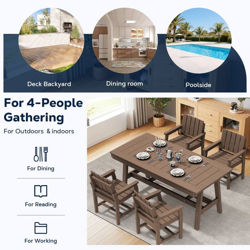 HDPE Patio Dining Set with Rectangular 67.91in W Table with Umbrella Hole and 4 Chairs - N/A