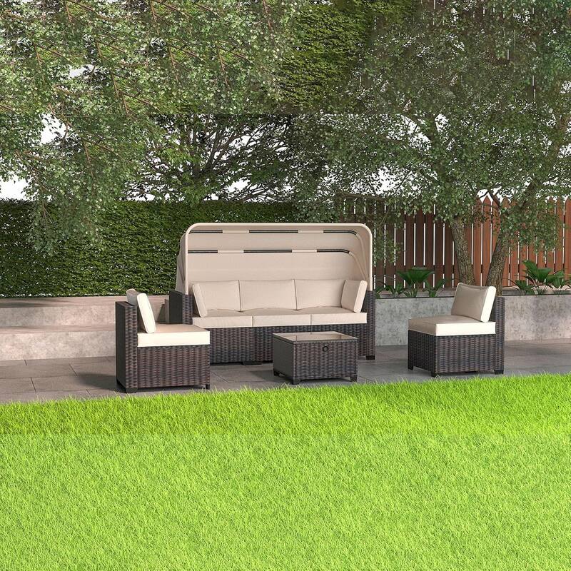 6-Piece PE Rattan Patio Sectional Set, Weather-Resistant Furniture, Retractable Canopy, Adjustable Backrest, Outdoor - Brown+Beige
