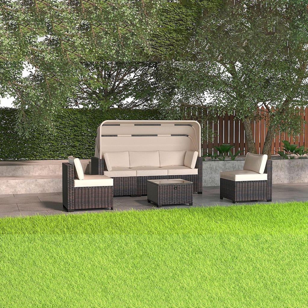 6-Piece PE Rattan Patio Sectional Set, Weather-Resistant Furniture, Retractable Canopy, Adjustable Backrest, Outdoor
