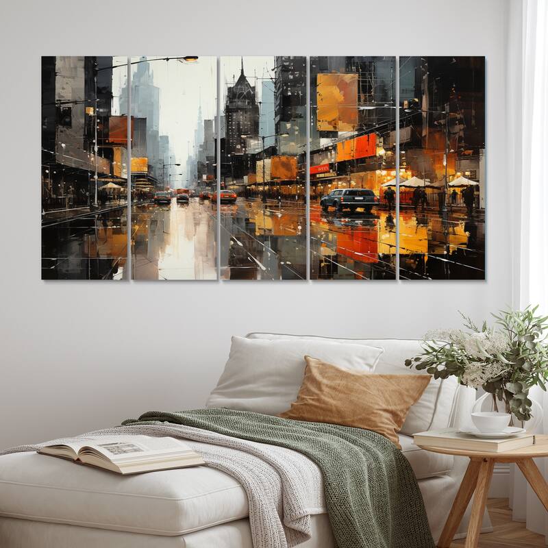 Designart "Cityscape Collage V" Abstract Collages Multipanel Wall Decor set - 60 In. Wide X 28 In. High - 5 Panels Equal Panels