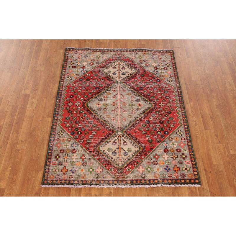 Hand Knotted Oriental 100% Wool Carpet Traditional Geometric Oranges & Rust Bakhtiari Area Rug - 5' 7'' X 4' 2''