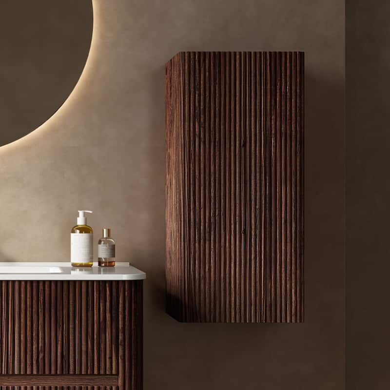 Kali 14" Wall-Mounted Floating Striped Bathroom Vanity Side Cabinet With A Door And A Shelf - Walnut