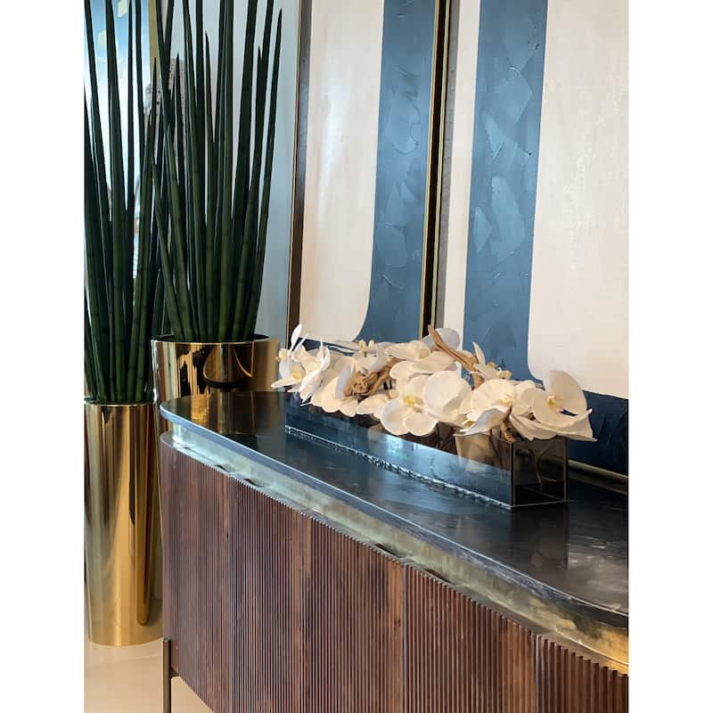 36 Inch Casa Moderna Black Tinted Glass Plate Planter with white Phalaenopsis orchids