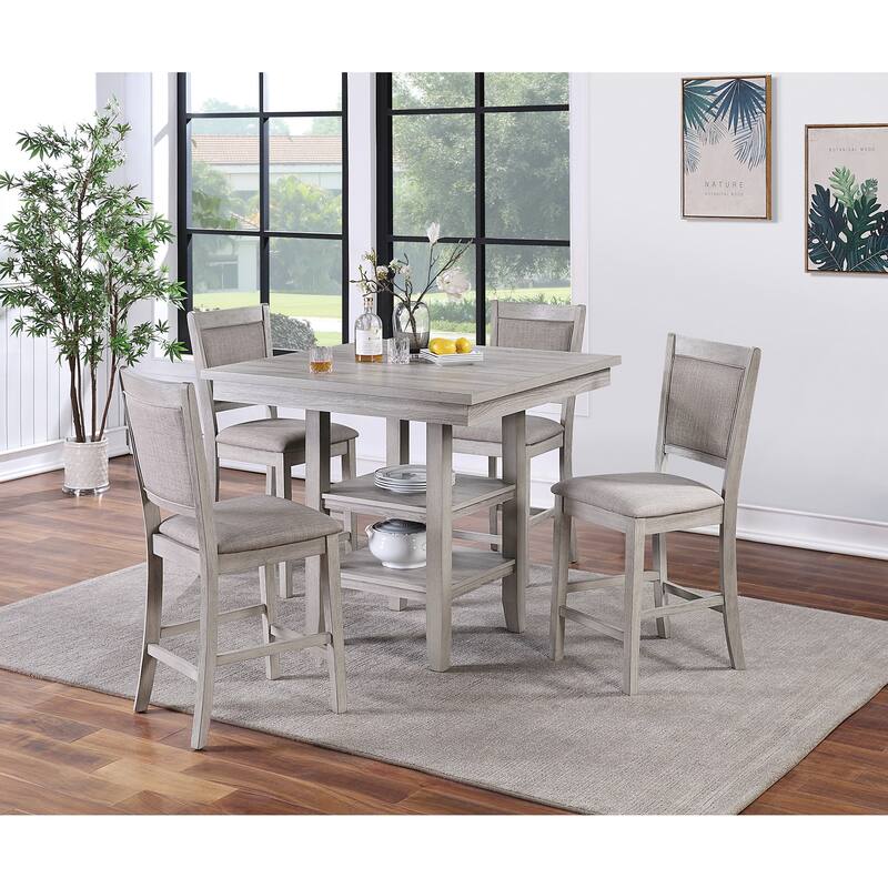Dining Room Furniture Counter Height 5pc Set Square Table w Shelves Cushion Chairs Modern Style Rustic Grey