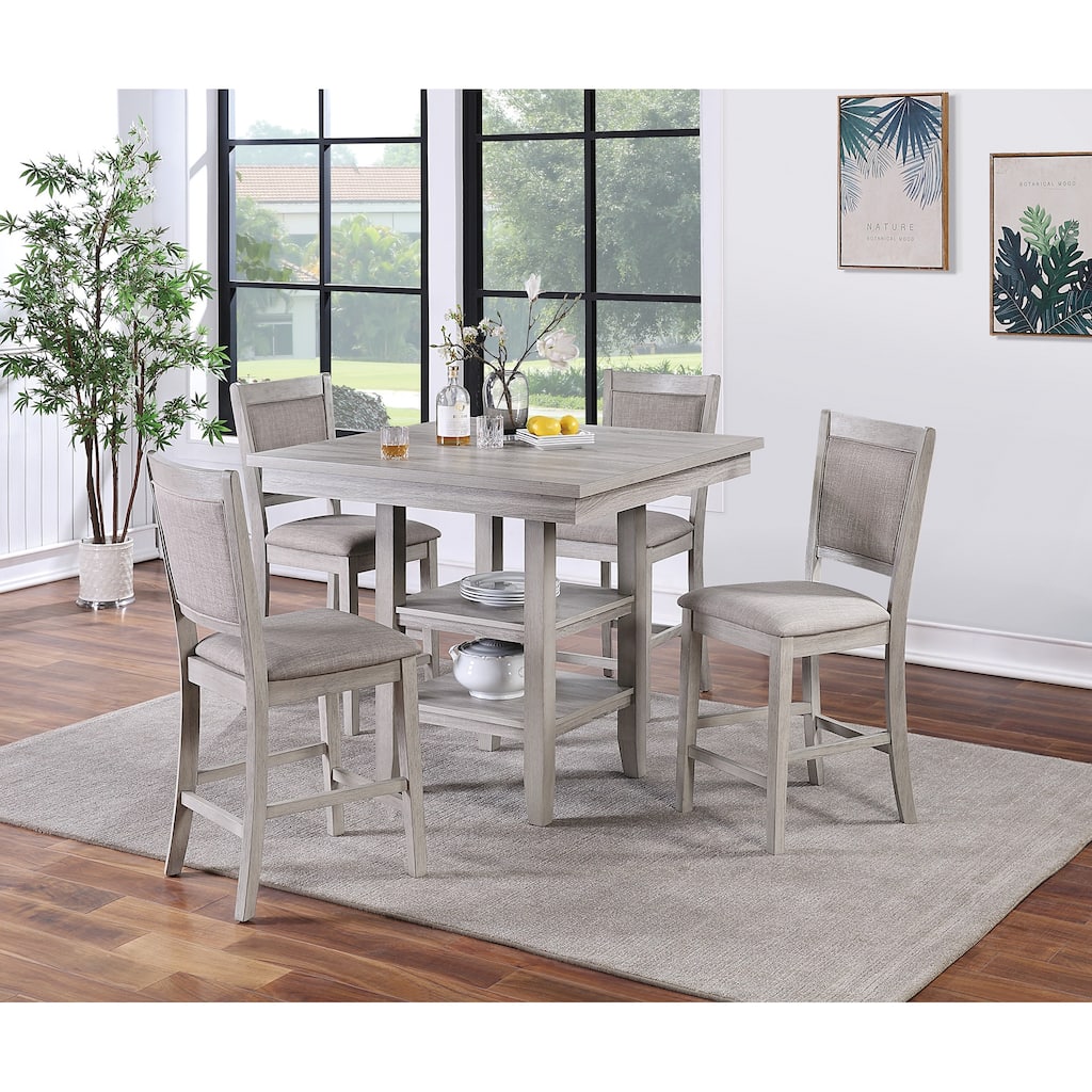 Dining Room Furniture Counter Height 5pc Set Square Table w Shelves Cushion Chairs Modern Style Rustic Grey