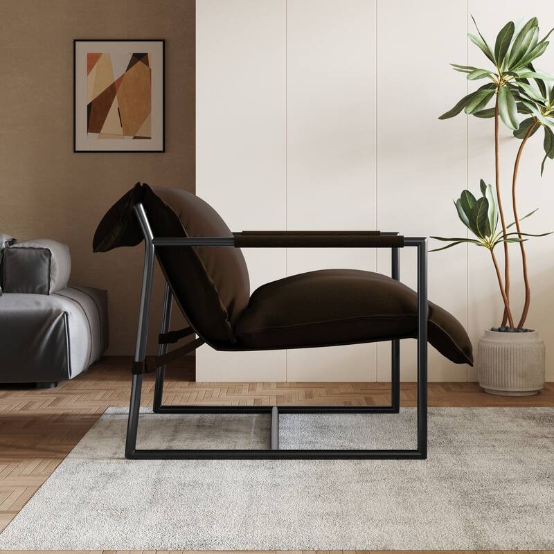 Mid-century Metal Sling Upholstered Armchair with Lengthen Upholstered