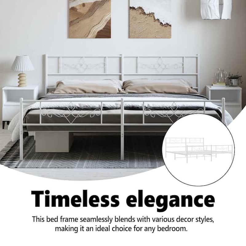 vidaXL 12 Inches White King Size Metal Bed Frame No Mattress - 81.5" x 78" x 35.4"