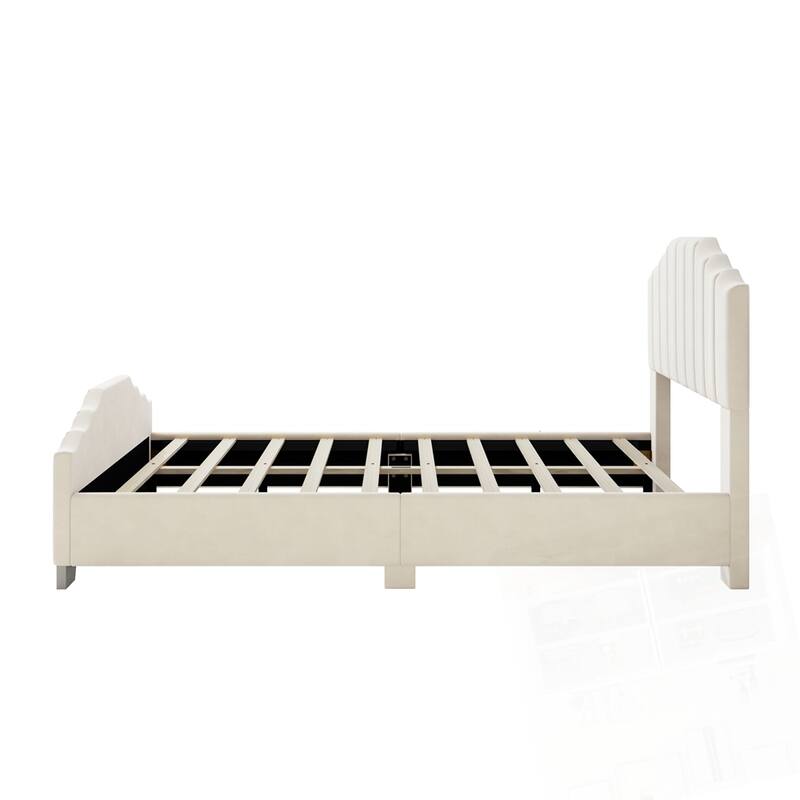 Velvet Upholstered Platform Bed Vertical Channel Tufted Headboard