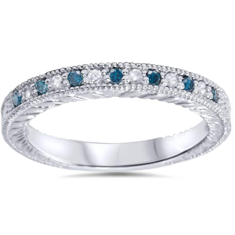1/6ct Blue & White Diamond Vintage Wedding Ring White Gold