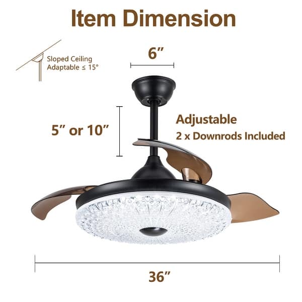 dimension image slide 1 of 4, 36" Black Crystal Retractable Ceiling Fan with LED light and Remote