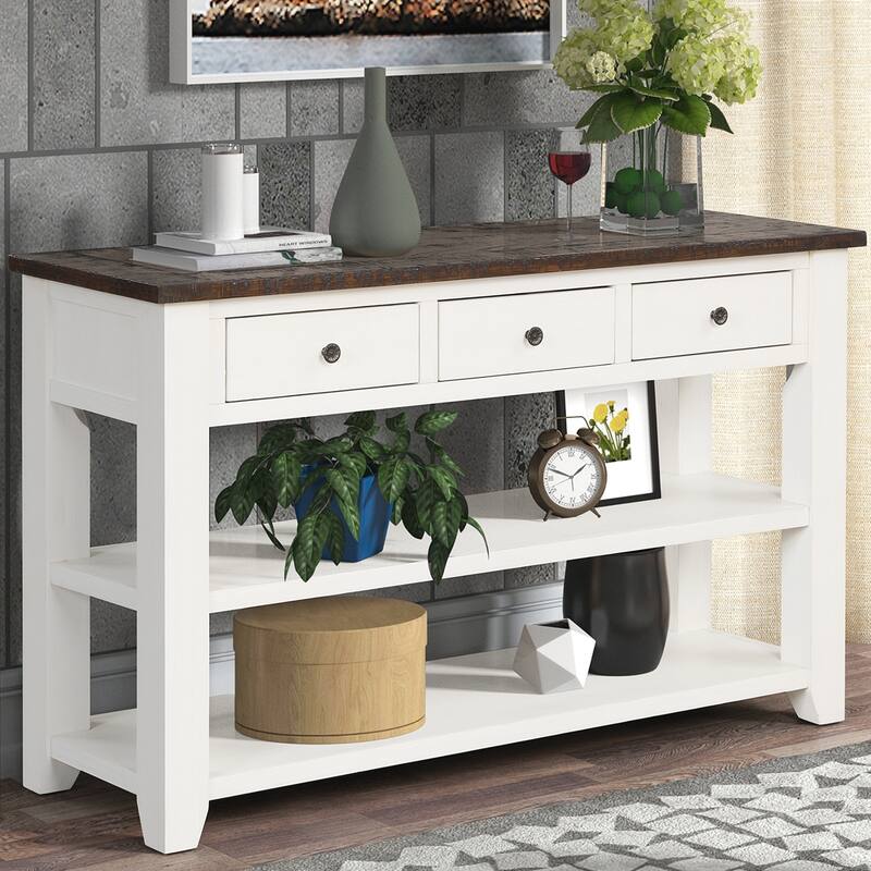 48'' Solid Pine Wood Top Console Table, Modern Entryway Sofa Side Table with 3 Storage Drawers and 2 Shelves