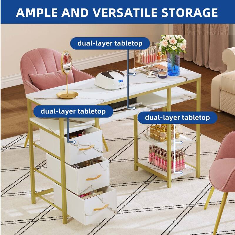 Moasis Makeup Vanity Table Computer Desk with 3 Fabric Drawers,Nail Art Desk Workstation