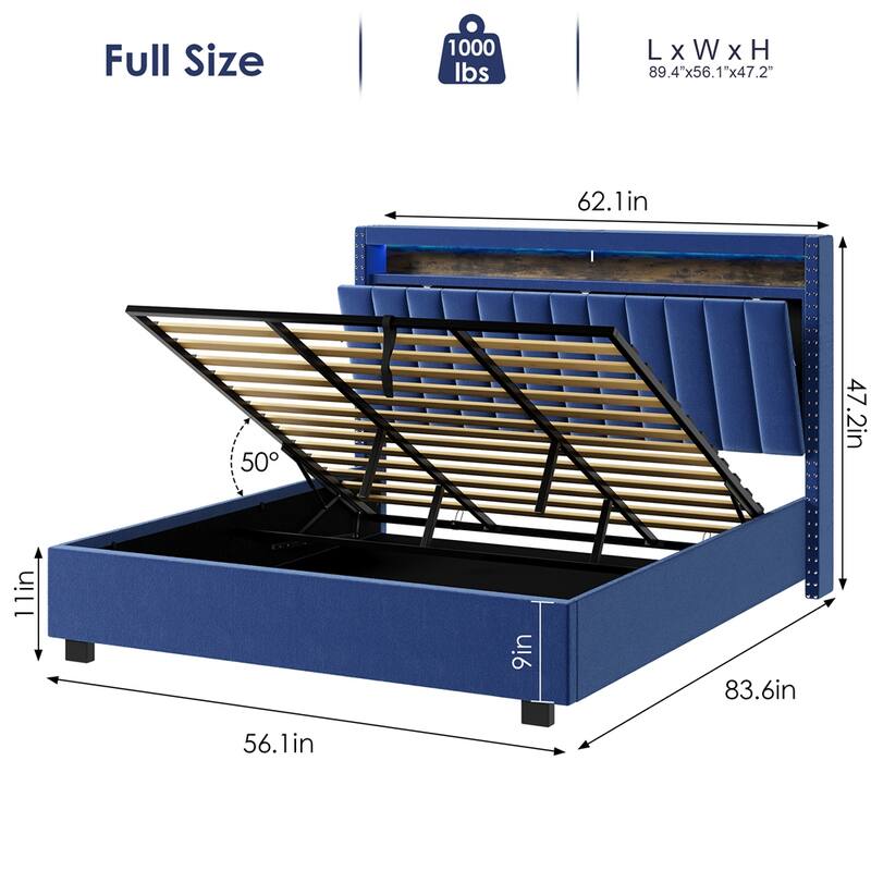 Full Size Velvet Platform Bed with LED Lights and Storage Headboard