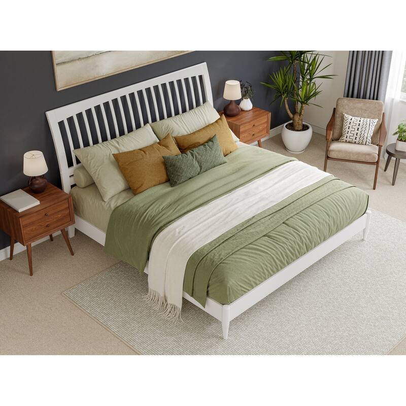 King Size Wood Platform Bed - Low Profile Sleigh Bed Frame - Modern Bedroom Furniture in White