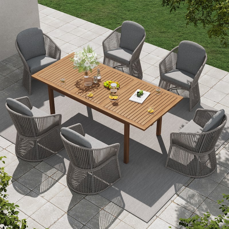 Extendable Wood Outdoor Dining Table Set with 6 PE Wicker Chairs - Dark Grey