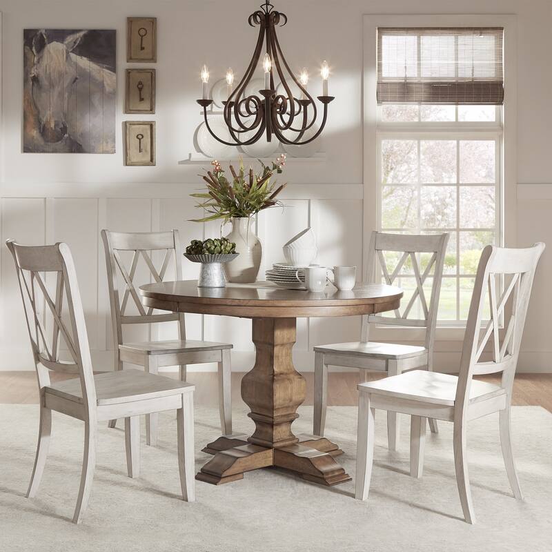 Eleanor Oak Round Solid Wood Top and X Back Chairs 5-piece Dining Set by iNSPIRE Q Classic - Oak Table - Antique White Chairs