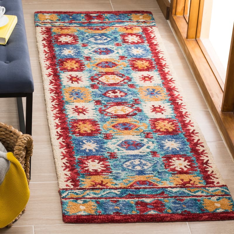 SAFAVIEH Handmade Aspen Cecilija Boho Tribal Wool Rug - 2'3" x 7' Runner - Blue/Red