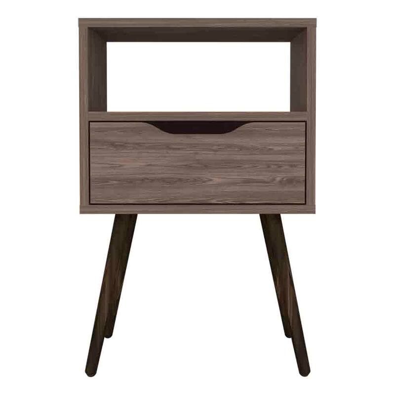 Dark Walnut Nightstand with Open Shelf and Single Drawer