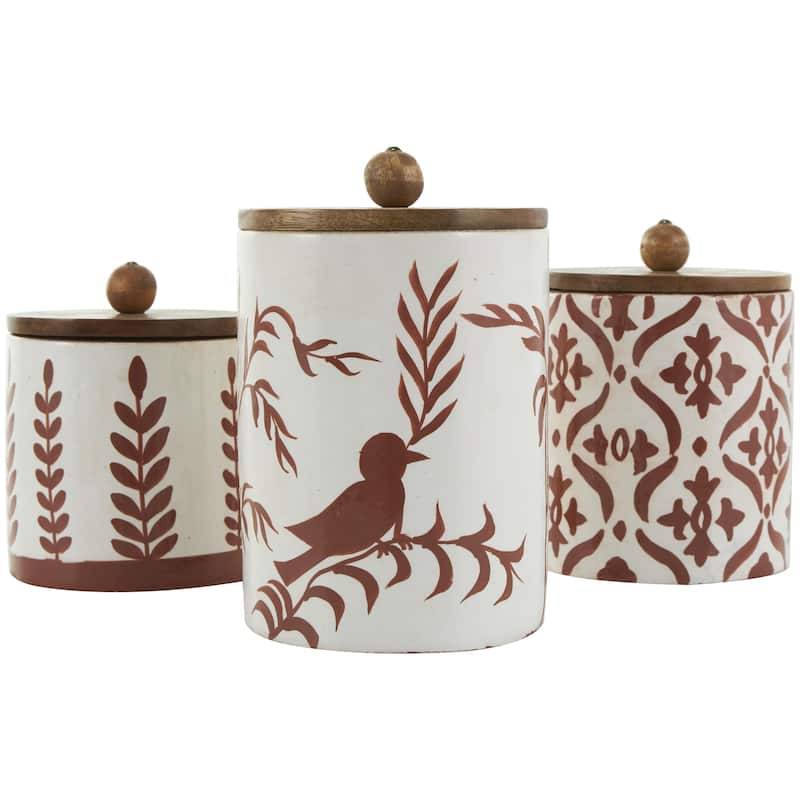 Ceramic Floral Canisters with Wood Lids - Set of 3 Red - Roche River Decor