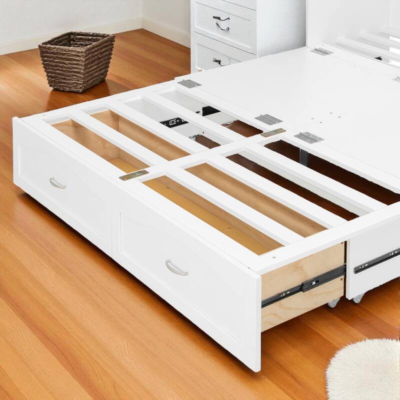 Queen Size Murphy Wall Bed with Drawers, USB & Power Sockets, Pulley Lift Design and Slat Support