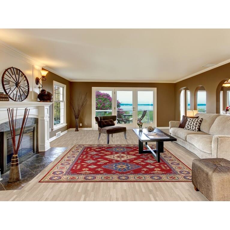 Red Geometric Kazak Rug Handmade Wool Carpet - 7'10"x 9'6"