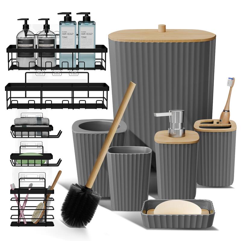 Emperyan Bathroom Accessory Set - Complete Set + Shower Caddy - Grey