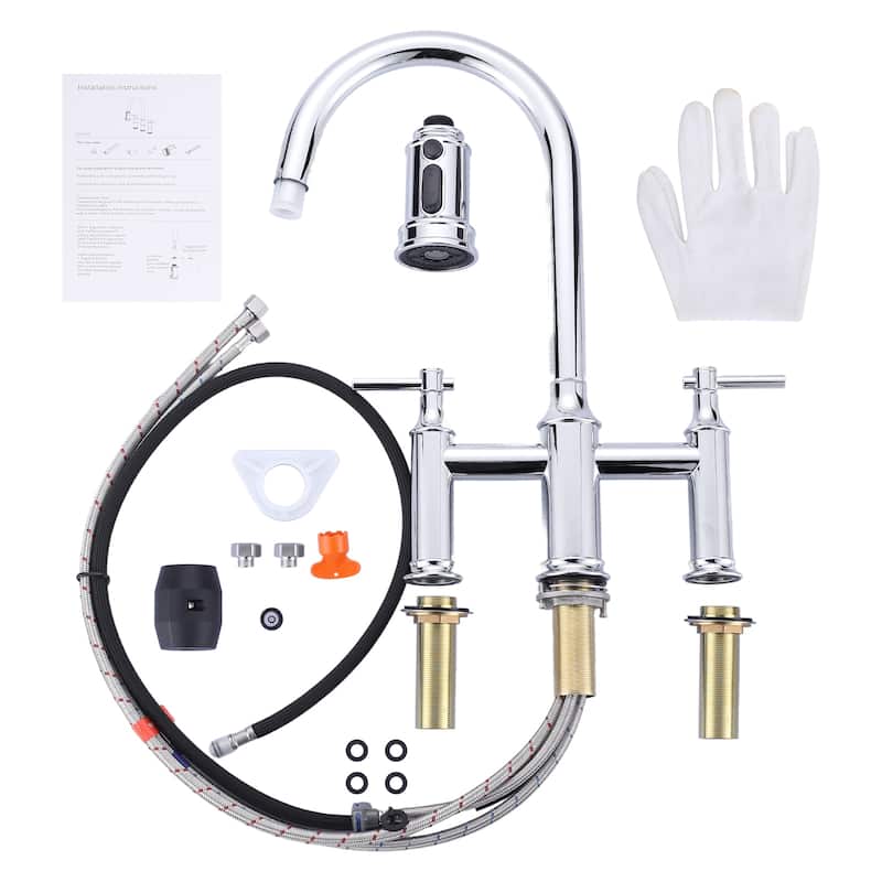 WOWOW Double Handle Pull Down Sprayer Bridge Kitchen Faucet