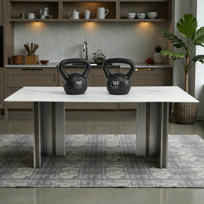 69.3 Inch Rectangular Dining Table with White Marble Glass Top, Modern Dining Table for 4 to 6 People