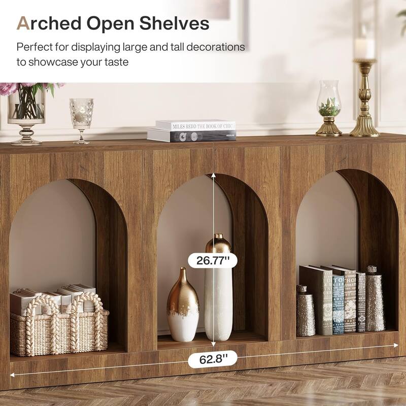 70.9" Console Table with Storage, Wood Entryway Table with 3 Arched Shelves - 11.8"L x 70.9"W x 35.4"H