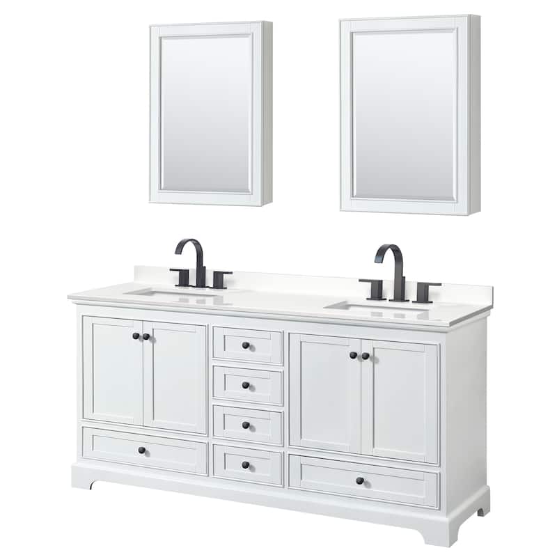 Deborah 72-inch Double Vanity, Quartz Top, Medicine Cabinets - White, Black Trim, White Quartz Top