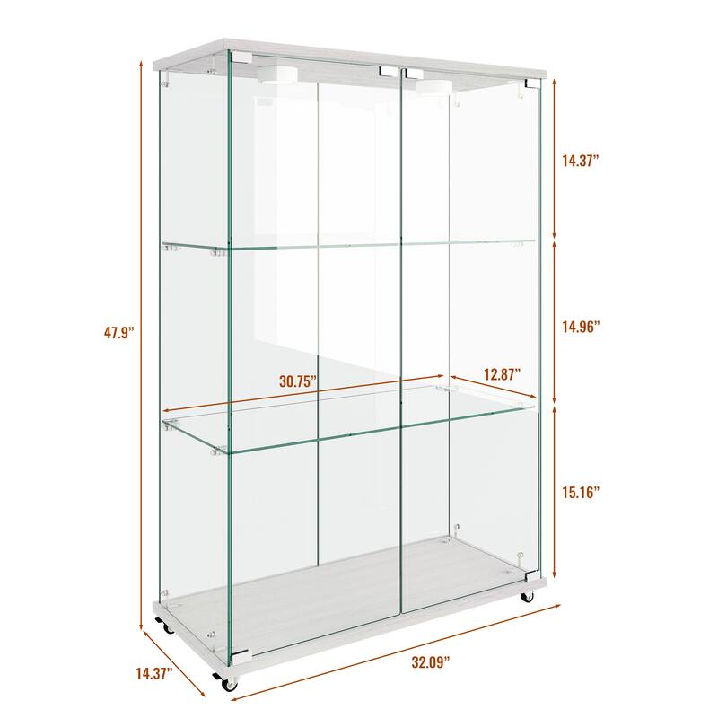 Modern 2-Door Glass Display Cabinet with LED Lights, 3-Shelf Tempered Glass Showcase for Collectibles and Storage