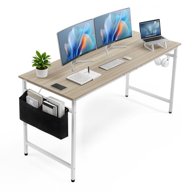 63” Computer Desk for Home Office ,Study Writing Desk with Storage, Side Hooks & Adjustable Feet