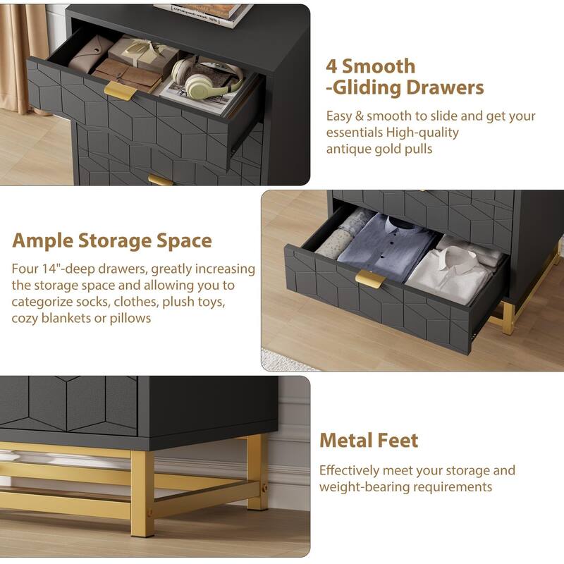4 Drawer Dresser, with Metal Legs and Gold Handles