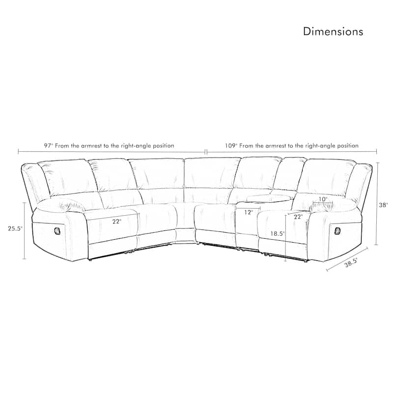 6PCS, 2 Manual Recliners, Faux Leather Reclining Sectional with Center Console