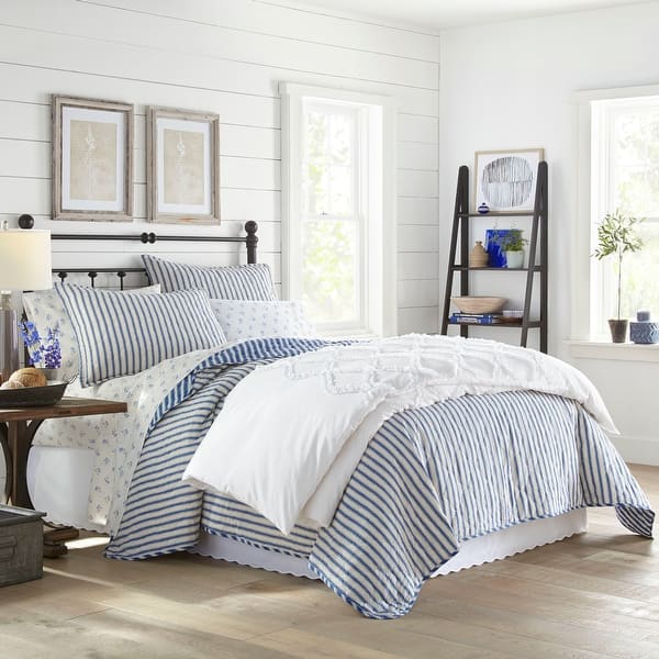 Ticking Stripe Cotton Navy Quilt Set 