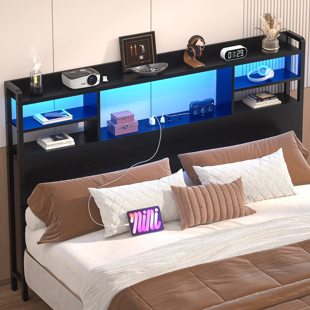 Storage Headboard with USB Port and Power Outlet, Head Board with LED Light for Bed Frame