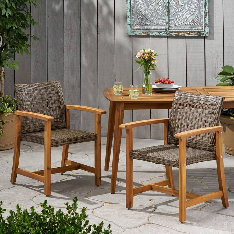 2-Piece Acacia Wood Outdoor Dining Set - Brown Wicker Patio Chairs