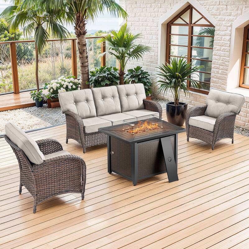 Pocassy Outdoor 43 In Fire Table with Sofa Patio Chair Set - Brown Wicker Beige Cushion - 6-Piece Sofa Patio Chair with Fire Pit Table