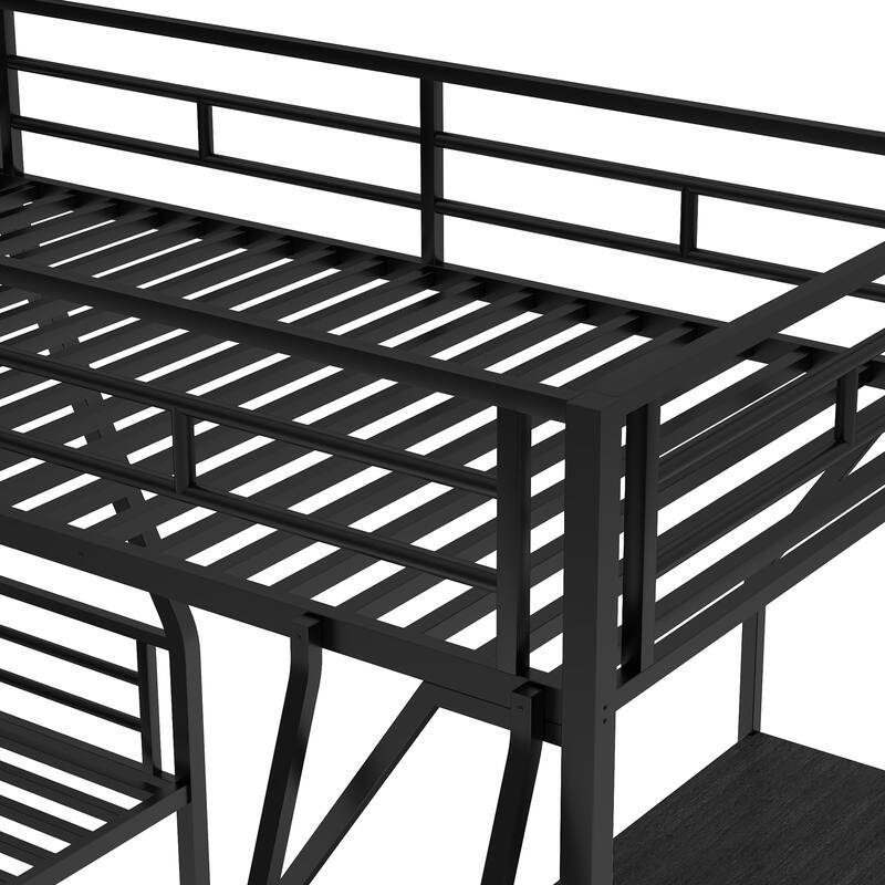 Twin & Twin Over Full Metal Triple Bunk Bed with Loft and Desk, Guardrails