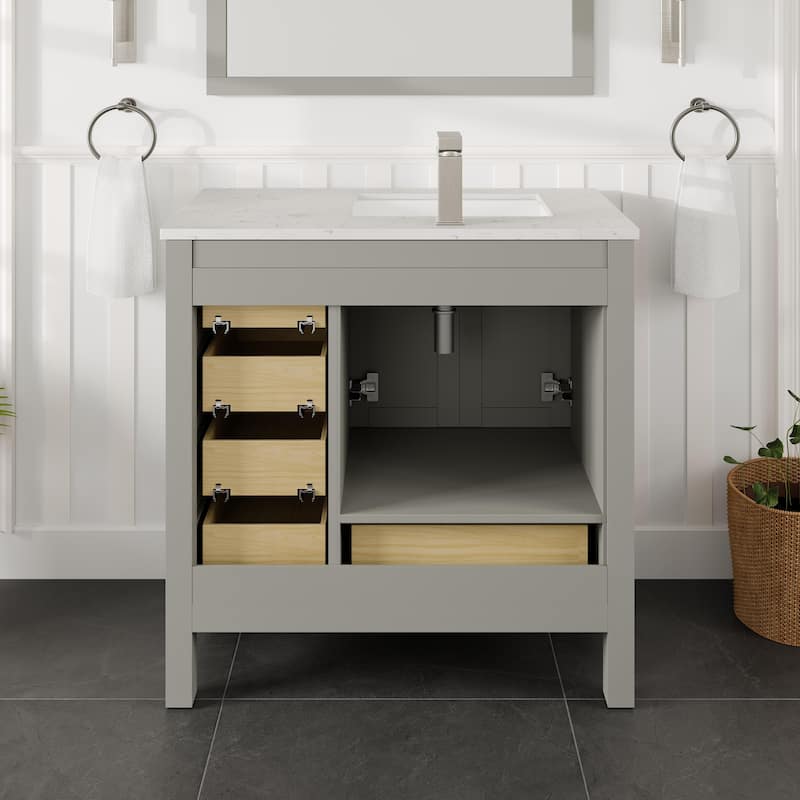 Eviva London 36"W SS Bath Vanity with White Carrara Quartz Top
