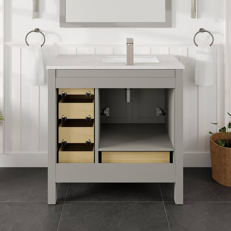 Eviva London 38"W x 18"D Gray Single Sink Bathroom Vanity with White Carrara Quartz Vanity Top and Rectangular Undermount Sink