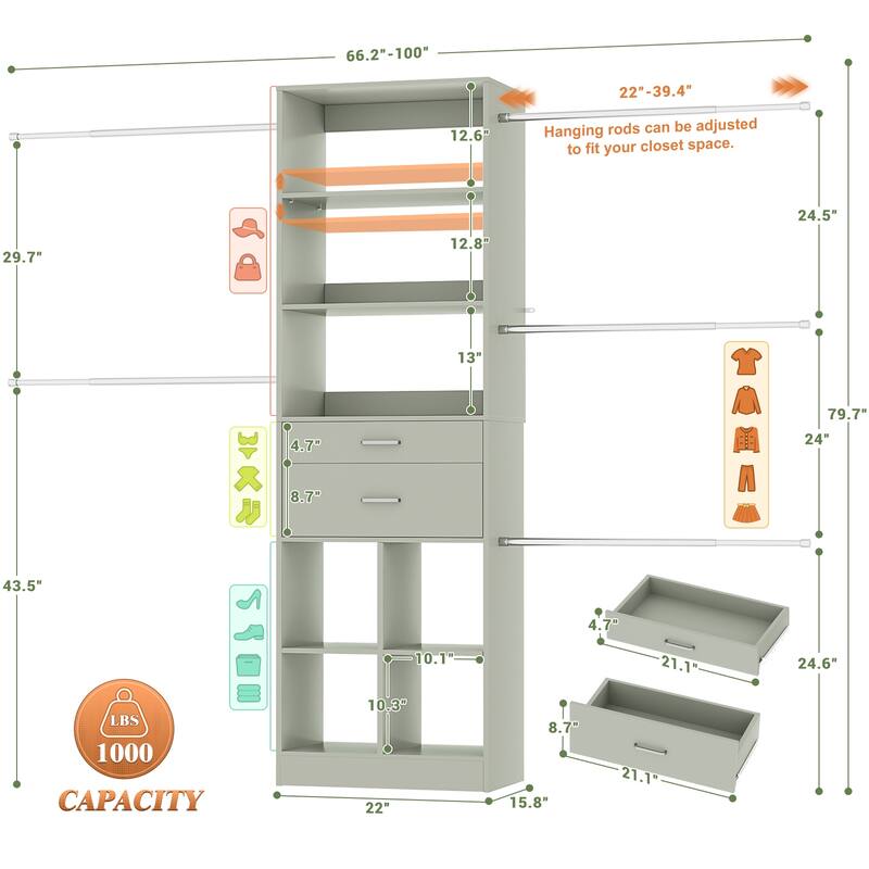 66''-100'' Walk-in Closet Organizer with 5 Hanging Rods and 2 Wooden Drawers，4-8FT Sturdy Closet System with Storage Shelves