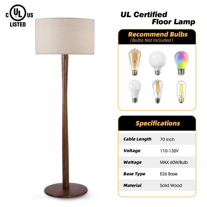 61 in. Retro Standing Floor Lamp with Rubberwood Base and Linen KD Lampshade for Bedroom, Living Room