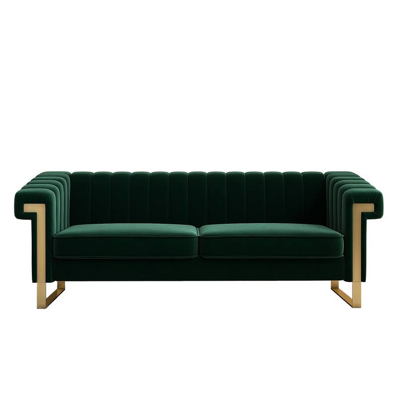Leisure Sofa with Stainless Steel Metal Accents, Retro Green Velvet Upholstered Seat with Removable Cushions, Bedroom Loveseat