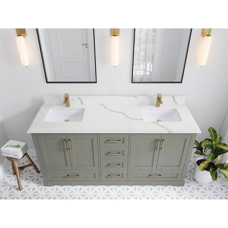 Willow Collection 72 in W x 22 in D x 36 in H Boston Double Bowl Sink Bathroom Vanity with Countertop - 1.5"Calacatta - Evergreen
